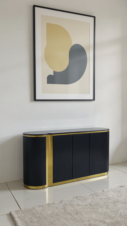Black Buffet table with Matt Gold Stainless Steel & Marble Countertop, Luxury Style
