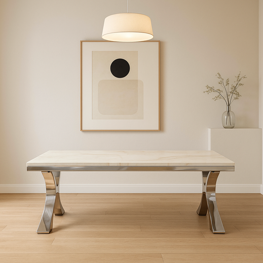 Rectangular Marble & Silver Stainless Steel Coffee Table
