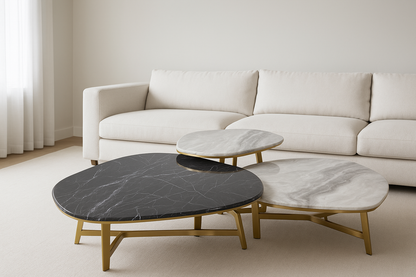 Three-Piece Coffee Table Set - Matte Gold Stainless Steel & Marble"