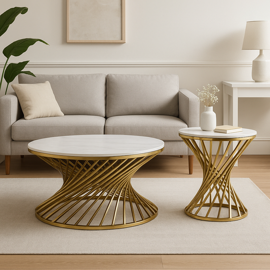 Artistic Dual-Circle Coffee Table Set with Snow White Slate  | Luxury Statement Piece for Interiors