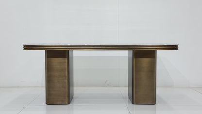 Brushed Brass Dining Table | Stain-Resistant L.GREY Marble Top | Dubai Luxury Dining