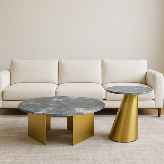 Round Coffee Table Set - Matt gold Color Stainless Steel Frame with Luxurious Marble Top