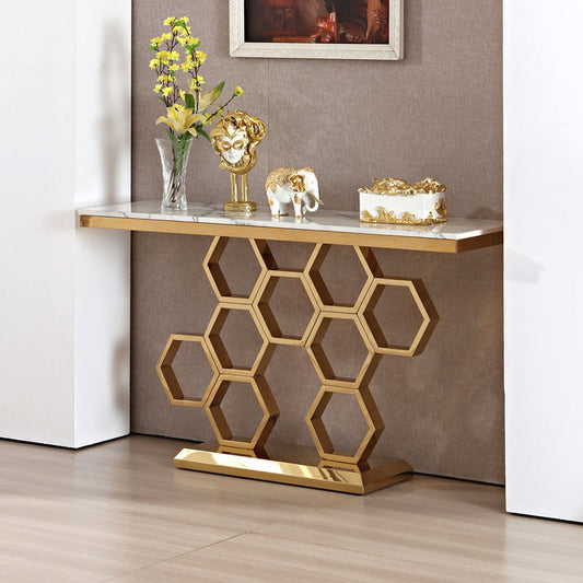 Console Table - 1400W * 400D * 800H with Matte Gold Stainless Steel and 18mm Marble